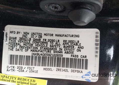 2009 Toyota Corolla S/Le/Xle from USA, damaged, VIN 1NXBU40E59Z122659